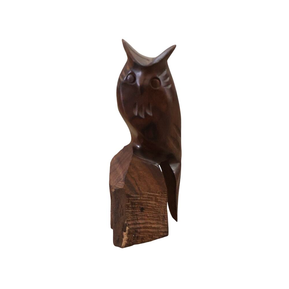 Vintage Hand Carved Wood Owl Small Figurine Decor Folk Art Rustic 70s MCM